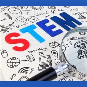 STEM letters on top of paper of science drawings