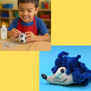 boy decorating soccer ball and clay sonic the hedgehog