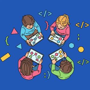 kids using tablets with various coding symbols