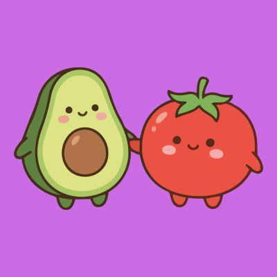 a graphic of a cute kawaii style avocado and tomoato